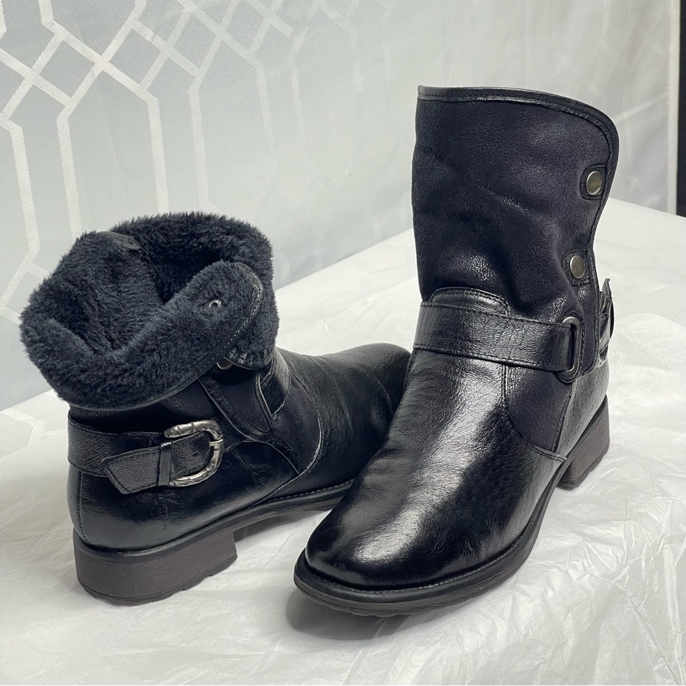Baretraps Women’s Sheridan Black Leather Faux Fur Ankle Moto Boots Size 7.5